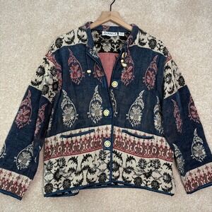 FLASHBACK Tapestry Jacket Women's Large Blue Paisley Vintage Boho Button Up